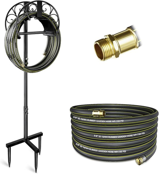 Garden Hose Holder with 50ft Kink Free Water Hose Kit, Metal Heavy Duty Freestanding Garden Hose Hanger Storage Stand, Hose Storage for Outside Yard Lawn Farm, Outdoor Organizer
