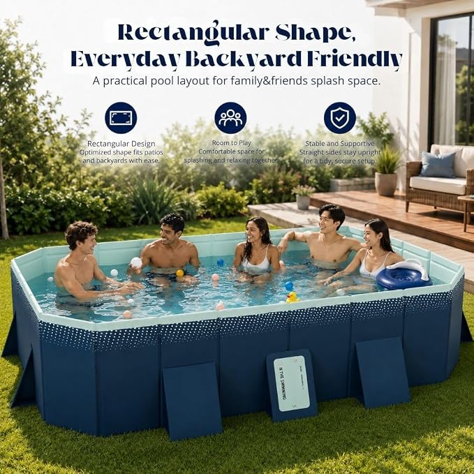 112.59-Inch Foldable Swimming Pool, Blue Non-Inflatable Rectangular Pool for 6-8 People, 4-Layer Composite PVC, Aluminum Alloy Frame, Dual Drains for Backyard Fun