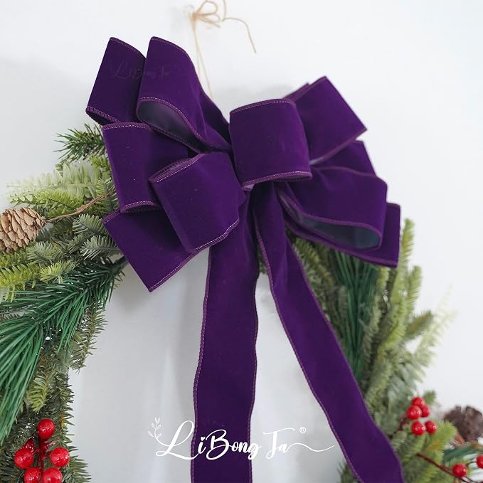 13" Purple Bow Pre-Tied Bow for Christmas Tree, Purple Velvet Ribbon Bow for Wreaths, Tree Toppers Bow, Premade Bow, Gift Bow for Party Favor, Christmas Home Indoor Outdoor Decor-1 Counts