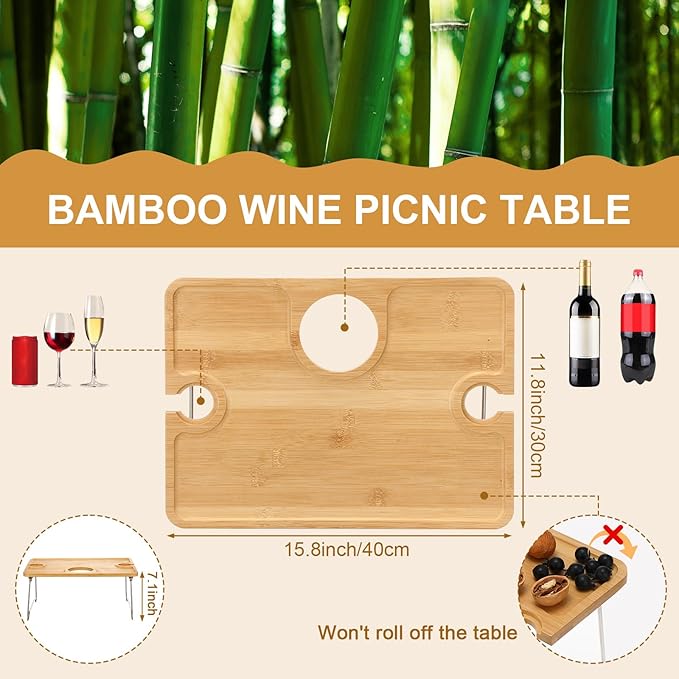 Willinglong Picnic Foldable Wine Table with Bamboo Plate Kit, Handmade Handle Portable Bamboo Tray Table with Food Plate for 2 Outdoor Camping Picnic Wine Set Gift for Couples