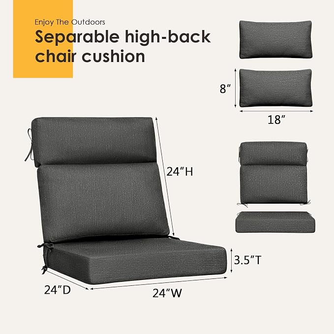 Outdoor High Back Chair Cushion, 2 Pack 48 x 24 inches Patio Chair Cushions Water Repellent Rocking Cushions Indoor Furniture Seat Pad with 2 Pillows, Charcoal Gray