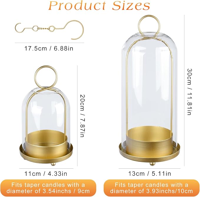 Fohil 5" & 4" Hurricane Glass Candle Holders, Set of 2 Metal Candle Holder with Handmade Sturdy Glass Dome, Candle Lantern for Pillar Candles, Plants, Table Centerpiece, Home Decor