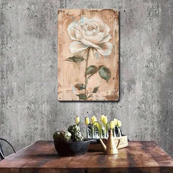 Metal Sign Tin Sign Vintage Wall Art Shabby Chic Rose Tin Sign for Antique Paint Effect White Rose Admirers and Distressed Wood Panels Tin Sign Paper for Pub 6×8 Inches