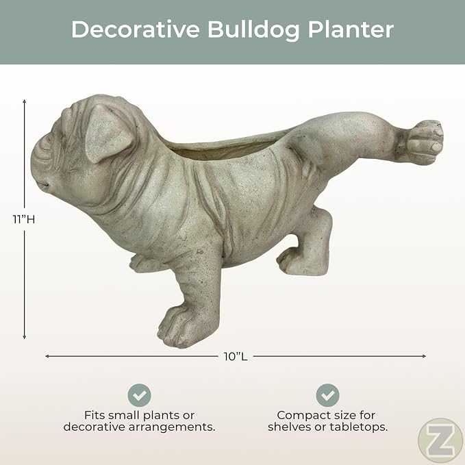 Zeckos Bulldog Planter, Antique Stone Finish Magnesium Oxide Freestanding Dog Planter, 11 Inch Tall Decorative MGO Animal Planter with Drain Hole for Indoor Display and Decor