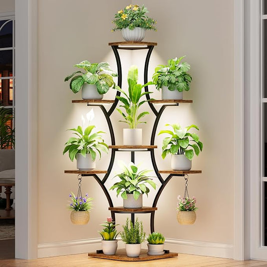 Corner Indoor Plant Stand With Grow Lights, 8 Tier, 52.6" Tall | Plant Shelf, Flower Holder, Display Rack,Heavy Duty Anti-rust Iron Pipes, Water-resistant & Anti-corrosive Wood, Auto Timer