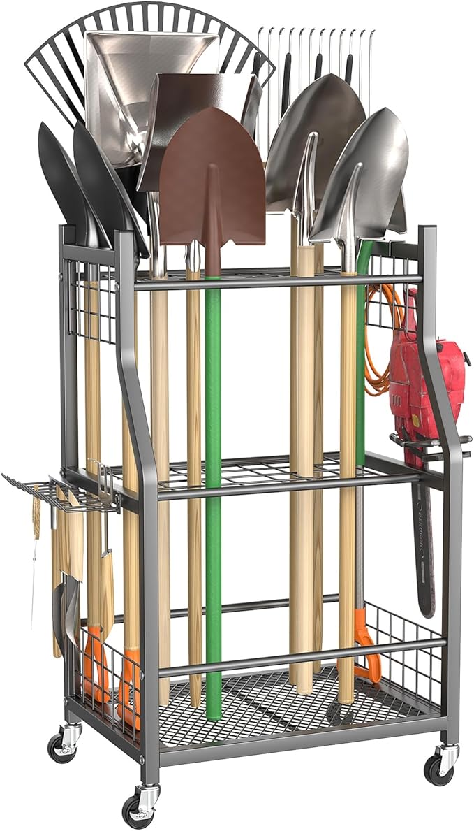 TORACK Garden Tool Organizer with Wheels, Rakes Shovels Yard Tools Stand for Garage, Shed, Garden, Indoor/Outdoor Long-Handled Tools Cart(Mid-size)