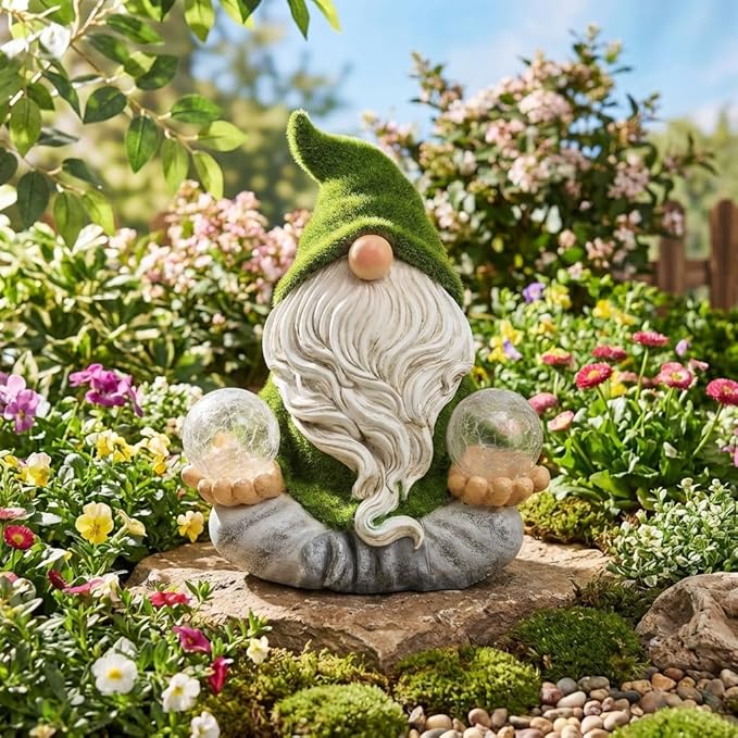 TERESA'S COLLECTIONS Garden Gnomes Decor with Solar Lights, St Patricks Decorations for Outdoor Decor,Resin Flocked Zen Garden Decor Outdoor for Porch Patio, Yoga Gnome Gifts for Women and Men, 8"