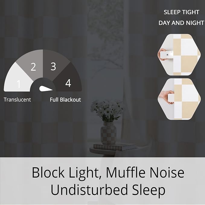 100% Blackout Checkered Curtains – 2 Panels, Each W52×L63, Thermal Insulated, Nosie Reducing for Bedroom, Modern Cream and White Checkerboard Design