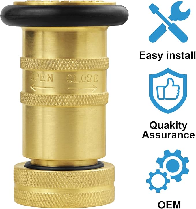 Fire Hose Nozzle 1" NH/NST Spray Jet Fog, 100 PSI 75 GPM Heavy Duty Industrial Brass Equipment Water Hose Nozzle
