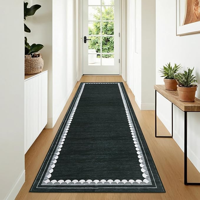 COZYLOOM Kitchen Runner Rug 2x6 Washable Rugs for Bedroom Modern Bordered Non Slip Low Pile Area Rug Stain Resistant Non Shedding Neutral Carpet Foldable Thin Mats for Entryway, Hallway, Black