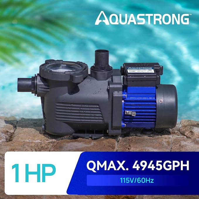 AQUASTRONG 1 HP Above Ground Pool Pump, Single Speed, 1.25"&1.5''adapter, 115V, 4945GPH, High Flow, Powerful Self Primming Swimming Pool Pumps with Filter Basket