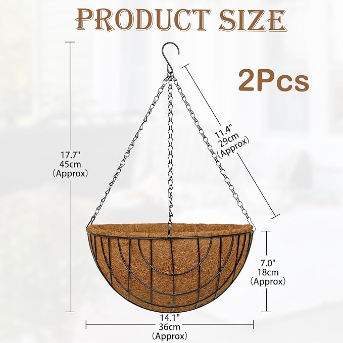 14 Inch Metal Hanging Basket with Coco Coir Liner for Flowers Planting, 4 Pack Hanging Baskets for Plants Outdoor, Mesh Grid Round Wire Planters with Chain for Home Patio Porch Balcony Garden Decor