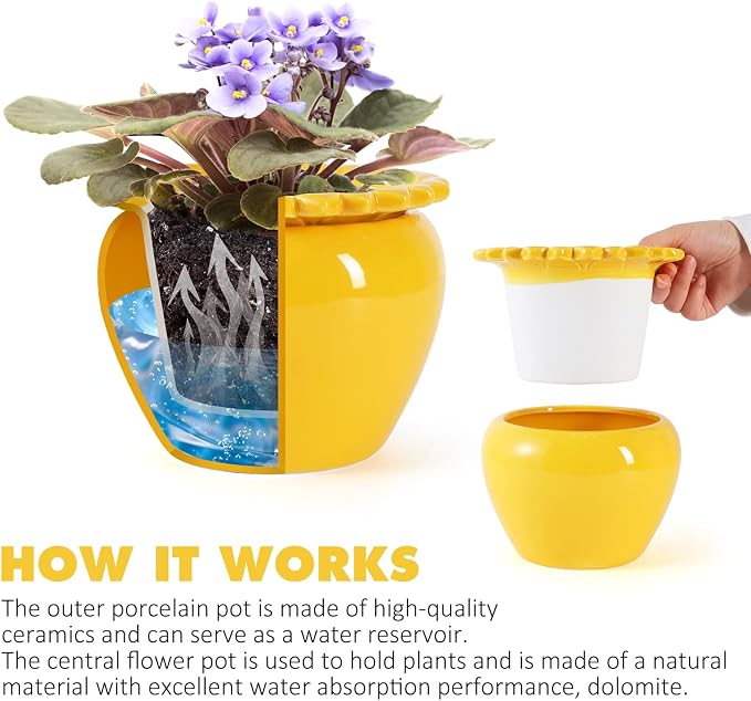 2pcs 6.5inch Design Self Watering Pot for Indoor Plants Yellow Indoor Plants Herbaceous Plants Flowers Terracotta Pots African Violet Pots Ceramic Orchid Planter Absorbent Inner Pot