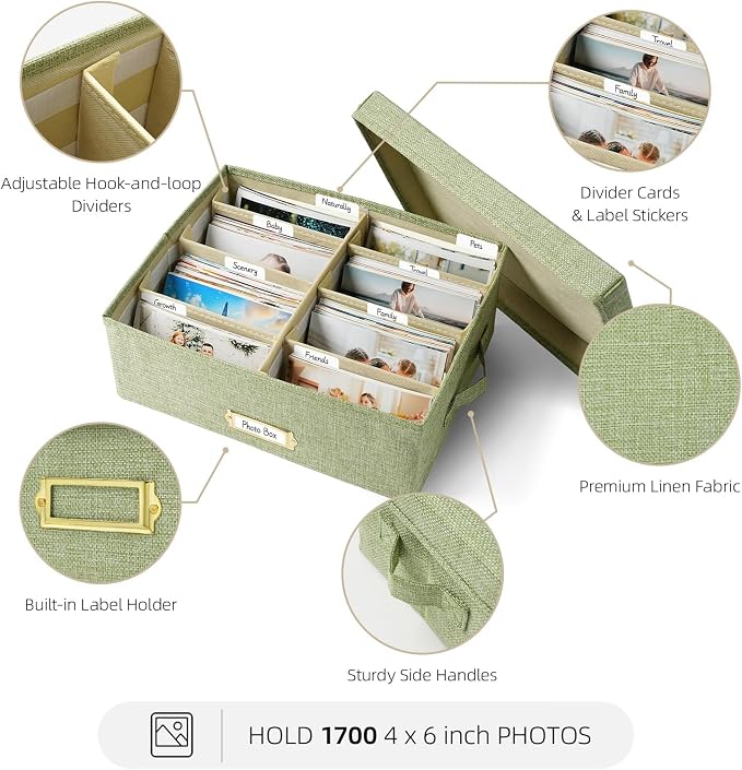 Linen Photo Storage Box with Adjustable Hook and Loop Dividers, Holds 1700 4"x6" Photos, Collapsible Picture Organizer with Handle and Label Stickers, Memory Keepsake Box for Women, Grass Green