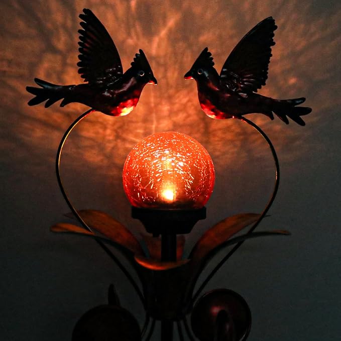 Decorative Solar Outdoor Light, Cardinal Glass Globe Stake For Lawn Yard | Solar Cardinal Lights With Wind Spinner Design, Crackle Glass Globe, Auto On/Off For Garden, Lawn, Yard