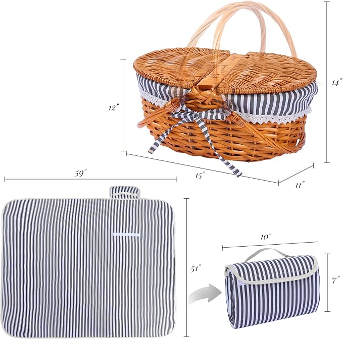 Wicker Picnic Basket with Handle, 15" Large Picnic Basket with Lid & Removable Liner, Vintage Hand Woven Basket with Blanket for Picnics, Camping, Thanksgiving, and Birthday