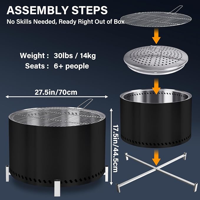 HGD 27.5" Smokeless Firepit with Stand & Grill Rack, Large Stainless Steel Wood Burning Fire Pit for Gatherings, Secondary Combustion Outdoor Patio Stove for Garden BBQ & Bonfire (Black)