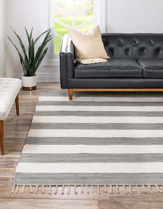 Unique Loom Chindi Rag Collection Area Rug - Striped (7' 10" Square, Gray/ Ivory)