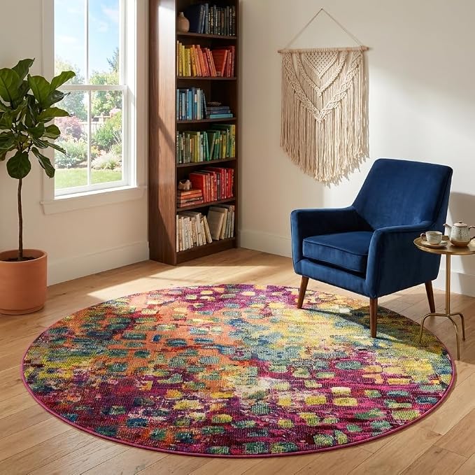 Unique Loom Jardin Collection Colorful, Vibrant, Abstract, Modern Area Rug (5' 0 x 5' 0 Round, Multi/Blue)
