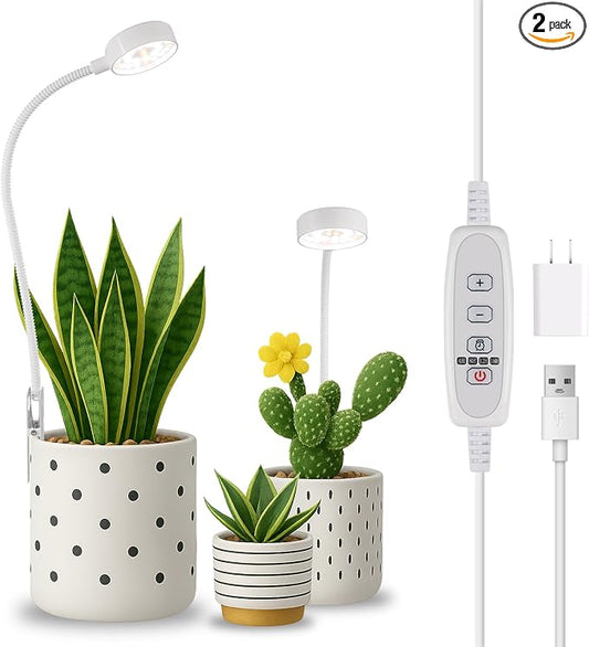 2 Pack Grow Lights, Pot Clip LED Growing Lamp for Indoor Succulents Pot Mini Small Plants,6000K White Full Spectrum with 5-Level Dimmable, Auto Timer 4/8/12/18 Hrs