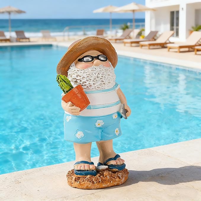 Teaeeno Funny Garden Gnome with Cactue, Funny Gnome Figurine, 8 Inch Depth Lawn Statue, Yard Art Statue, Garden Yard Lawn Backyard Ornament Decor,Home, Lawn, Patio, Animal Ornament for Women Gifts