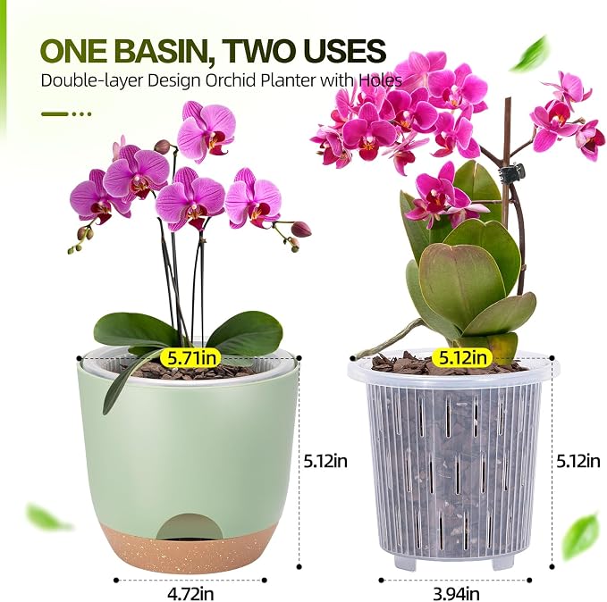 5Packs Self Watering Orchid Pots for Indoor Plants,5.8 Inch Macetas para Orqudeas,Flower Pots for Indoor Plants with Holes(Green)