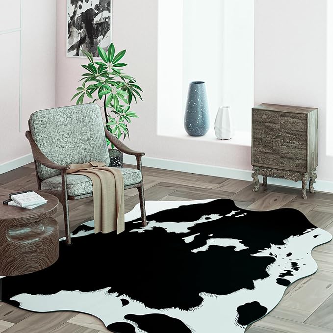 MACEVIA Faux Cowhide Rug Cute Cow Print Rugs Animal Area Carpet Western Decor for Living Room Bedroom Non-Slip 59" L x 47.2" W(4.9ft x 3.9ft)