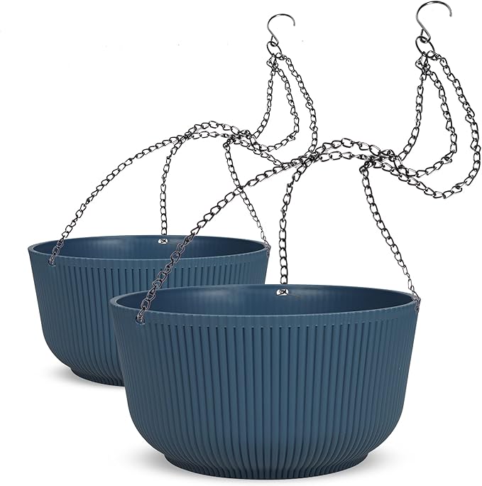 Dexceder 11.2 Inch Self Watering Hanging Planter (2 Pack, Deep Blue) | Thickened Hanging Basket Flower Plant Pot Indoor Outdoor