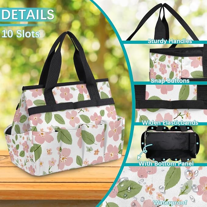 Garden Tote Bag with 10 Pockets Flowers Heavy Duty Gardening Bags for Tools Organizer Storage Bag with Handle for Garden Lawn Yard Casual