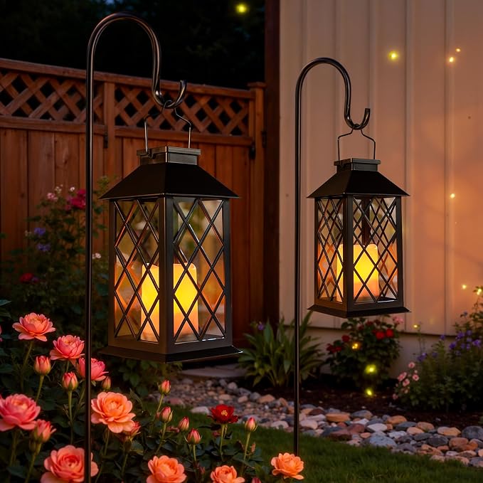 TAKE ME 14" Solar Lanterns Outdoor Waterproof Garden Lanterns Large Flickering Flameless Candle Mission Lights for Table,Outdoor Christams Gifts ( 2 Packs Bronze Color) (Pack 2 Black)