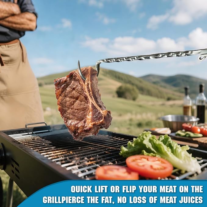 Meat Flipper, Grill Hooks for Turning, Heavy Duty Stainless Steel BBQ Turner Hooks with Long Handle for Flipping Ribs, Pork Shoulder, Roast on Smoker Grilling (Right Hand - B)
