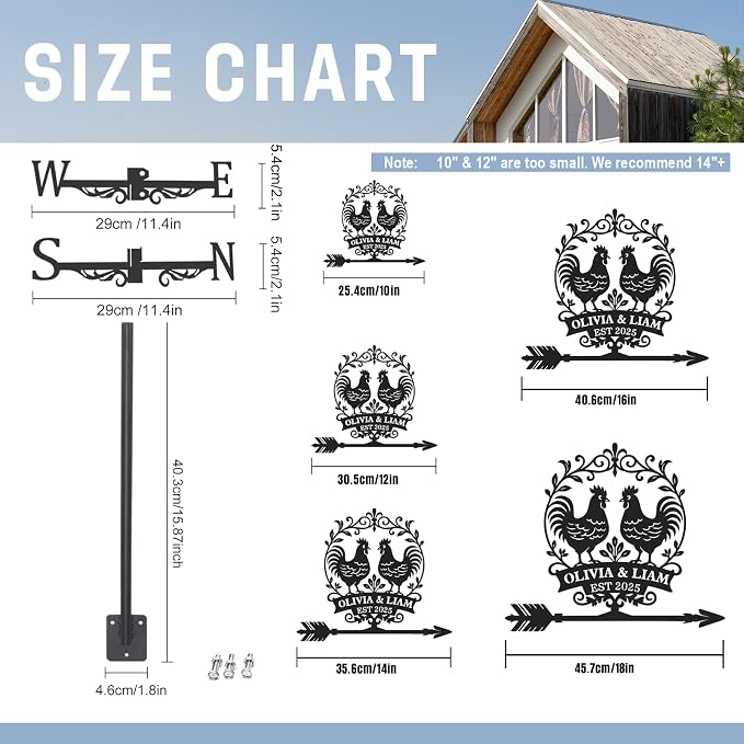 Personalized Metal Weather Vane, Custom Name Weathervane, Chicken Coop Signs, Weather Vanes for Outside, Wind Vanes for Farmhouse Yard Shed Decor, Housewarming Gifts Color03