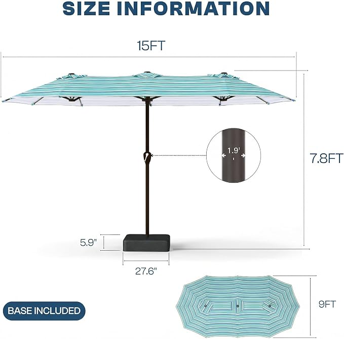 15FT Large Patio Umbrella with Base Included, Double Sided Outdoor Market Umbrella with Flexible Fiberglass Ribs, UV-Blocking Extra Large Umbrella for Garden, Pool, Deck, Green Stripes
