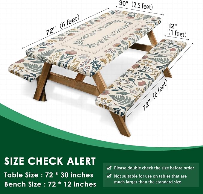Picnic Table Cover with Bench Covers Elastic Edges, Floral Vintage Camper Fitted Table Cover, Outdoor Camping Essentials 72 Inch 3PCS, Waterproof Camping Fitted Tablecloth with Drawstring Bag