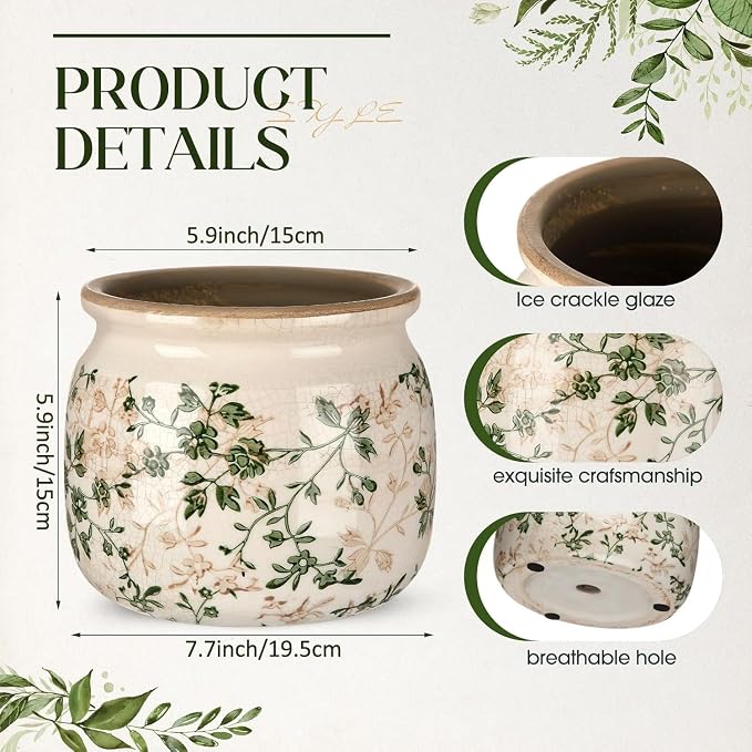 7.7" Large Ceramic Plant Pot Beige Green Jasmine Vine Crackle Glaze Rustic Flowers Pot Decorative Planter with Drainage for Indoor Outdoor Plants Home Kitchen Office Decor Gift