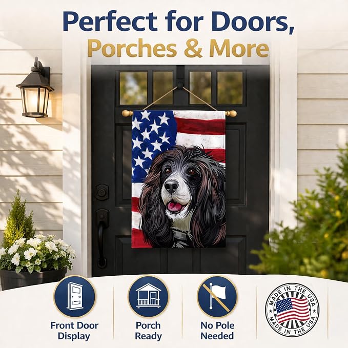 Caroline's Treasures CK6679CHF Russian Spaniel Dog American Flag House Flag Large Porch Sleeve Pole Decorative Outside Yard Banner Artwork Wall Hanging, Polyester, House Size, Multicolor
