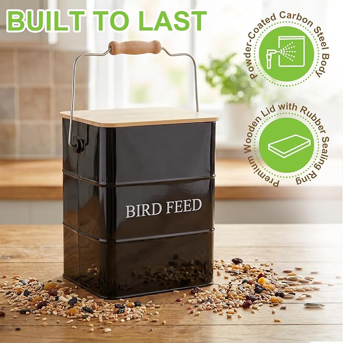Metal Bird Seeds storage container,Outdoor Bird Container Canister, Pet Food Bin with Wooden Lid/Handle/Food scoop,hold 5-6 Lbs of Wild Bird Seed Sunflower Seed-Preventing Squirrels-Black