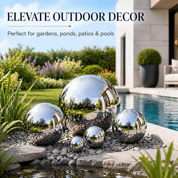 Gazing Ball Garden Mirror Outdoor - Outside Decorative Globe, Silver, 5Pcs | Metal Polished Reflective Sphere, Stainless Steel Hollow Decoration Ornament for Home Pond Swimming Pool Housewarming Gift