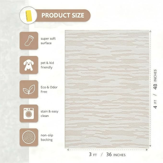 Textured High-Low Striped Area Rug for Living Room Bedroom, Modern, Wabi-Sabi, Minimalist, Japandi, Neutrel, Washable Soft Cozy 3x4 Feet