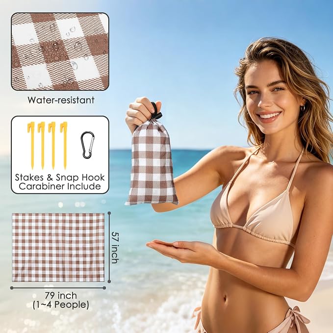 Fammart Pocket Picnic Blanket Sandproof Waterproof, Portable Lightweight Camping Tarp, Quick Dry Foldable Compact Beach Mat with Corner Pockets & Stakes for Festivals Hiking Outdoor Essentials