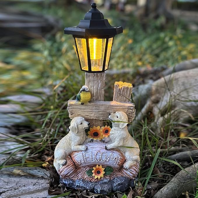 Outside Dog Statue with Solar Lantern, Garden Welcome Sign Dog Solar Figurines Light, Patio Outdoor Decoration, Balcony Lawn Decor, Unique Birthday House Warming Gift for Women, Mom, Grandma