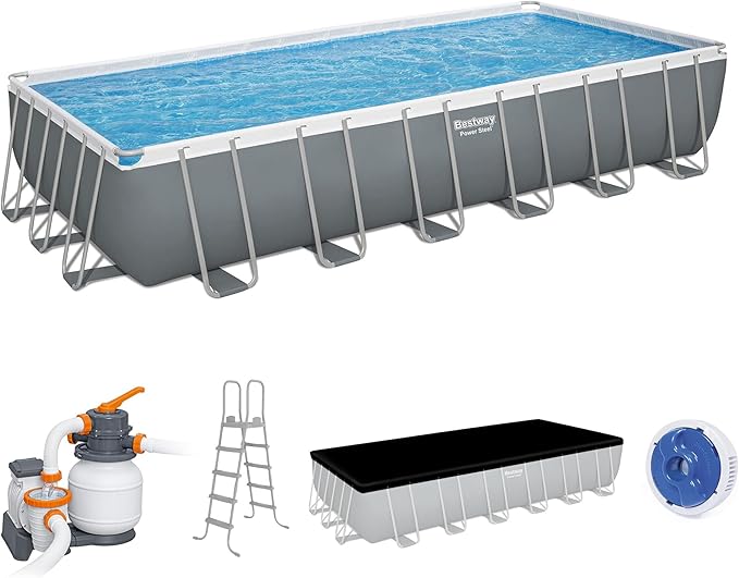 Bestway Power Steel 24’ x 12' x 52” Above Ground Pool with Sand Filter Pump | Durable Rectangular Metal Frame Outdoor Backyard Pool with Puncture-Resistant Liner - Ladder and Cover Included