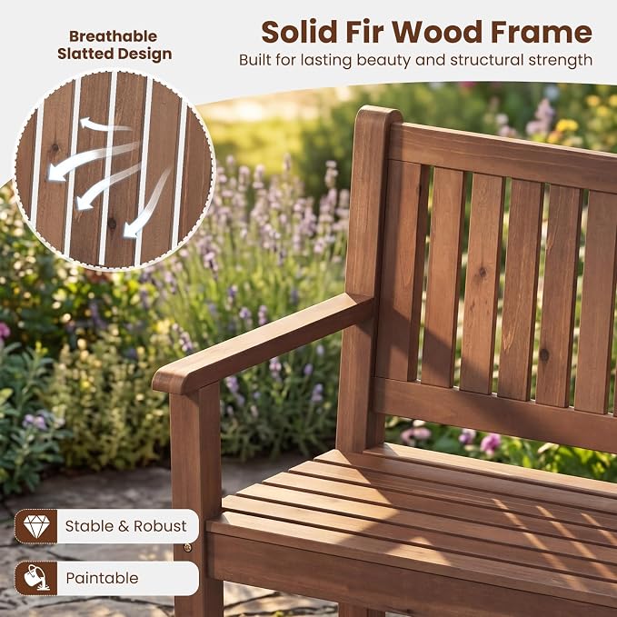 Tangkula 2-Seater Outdoor Wooden Bench, Garden Loveseat Bench with Backrest, Armrests, Slatted Seat, Loads up to 660 LBS, Fir Wood Bench Seating for Porch, Backyard, Deck, Poolside (45.5",Brown)