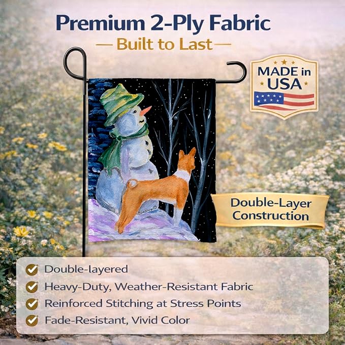 Caroline's Treasures SS8556GF Snowman with Basenji Garden Flag Mailbox Flag Decorative Yard Flag Banner Outside Patio Artwork Yard Flower Beds, Garden Size, Multicolor
