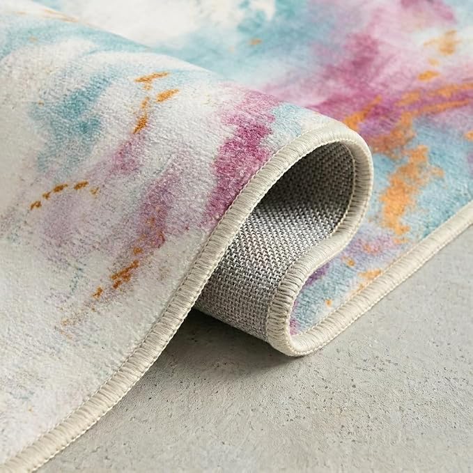 5x7 Pink and Blue Modern Abstract Watercolor Area Rug | Faux cashmere low-pile, washable non-slip foldable rug for living rooms, bedrooms and dining rooms.