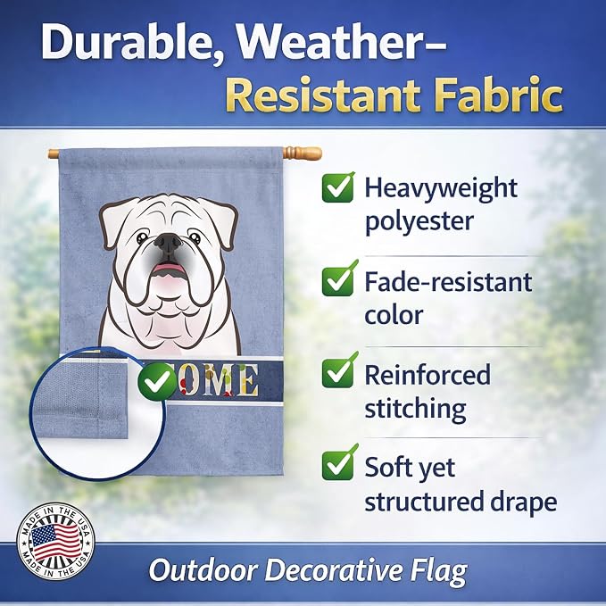 Caroline's Treasures BB1406CHF White English Bulldog Welcome House Flag, Blue Large Porch Sleeve Pole Decorative Outside Yard Banner Artwork Wall Hanging, Polyester, House Size, Multicolor