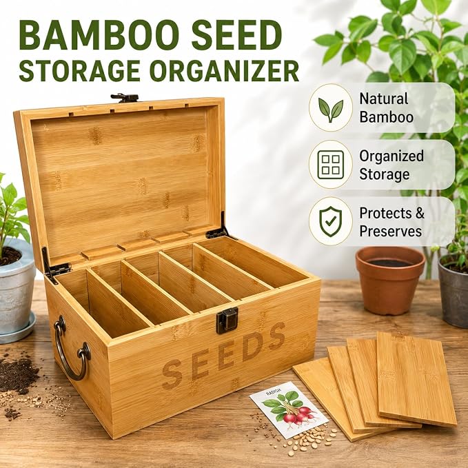 Bamboo Garden Seed Storage Organizer Box, Wooden Seed Box with Removable Dividers, Metal Handle and Latch, Seed Keeper Organizer for Garden Seed Packets and Storage (10.59 x 7 x 5.12 in)