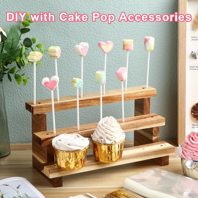 Tuanse 2 Pack Wooden Cake Pop Stand 3 Tier Cake Pop & Lollipop Display Holder with 100 Treat Bags Lollipop Sticks and Gold Twist Ties for Dessert Table Wedding Baby Shower Birthday Party(Acacia Wood)