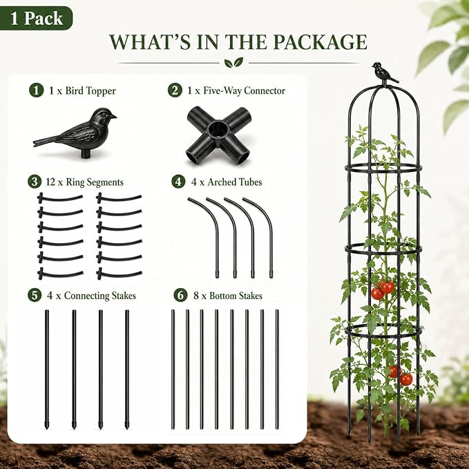 FOLLOOK Garden Obelisk Trellis for Climbing Plants Outdoor, 67 Inch Lightweight Round Plant Support for Roses Clematis Cucumber Vines Raised Garden Bed Planter, Black, 2 Pack