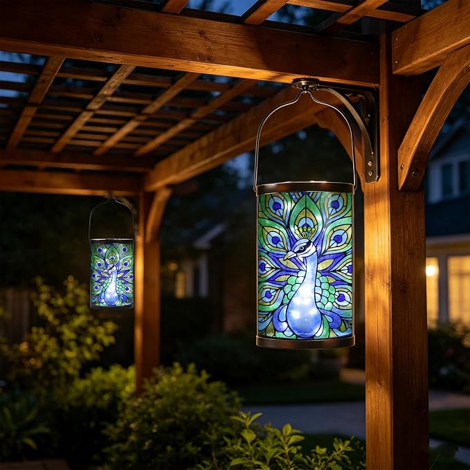 Hanging Solar Lantern Outdoor Waterproof LED Solar Lights Peacock Decorative Solar Lanterns Tabletop Lamp for Outdoor Patio Garden Yard Decor